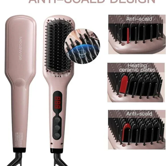 Ceramic Ionic Hair Straightener Brush 2-in-1 Flat Iron & Detangler Pink - Picture 2 of 7